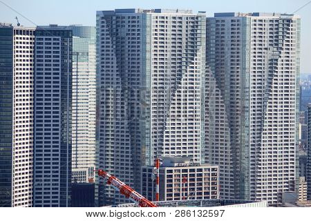 Massive Apartment Buildings - High Density Residential Architecture Of Kachidoki Area In Tokyo.
