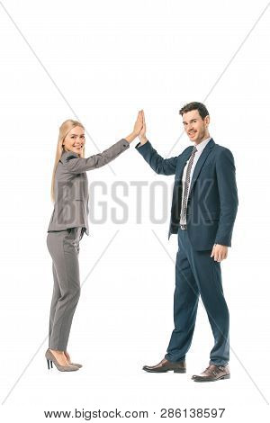 Smiling Successful Business Coworkers Giving Highfive Isolated On White