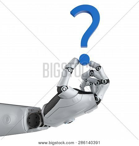 3d Rendering Robot With Blue Question Mark Isolated On White