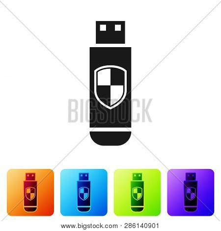 Black Usb Flash Drive And Protection Shield Icon Isolated On White Background. Set Icon In Color Squ