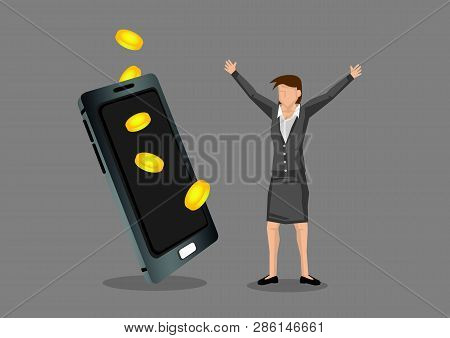 Cartoon Businesswoman In Happy Gesture Beside A Huge Hand Phone With Gold Coins. Creative Vector Ill