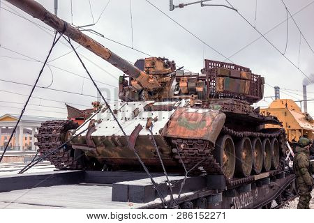 Oryol, Russia - February 25, 2019: T55 Tank On Train Platform. Syrian Fracture Is Military History A