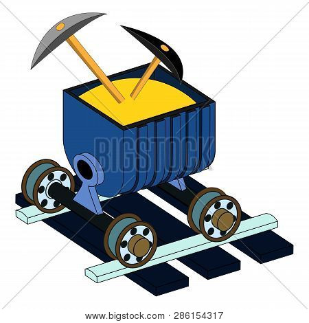 Minecart Trolley On Rails And Ties With Pickaxes And Ore. Wheel Pair Vintage Car Wagon To Carry Gold