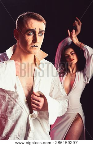 Being Wildly Romantic. Sexy Mime Man And Woman Act In Romantic Scene. Sexi Couple Of Mime Artists Pe