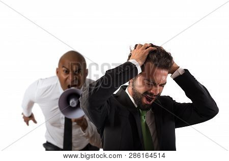 Boss Scolds With Megaphone A Desperate Employee With A Verbal Aggression