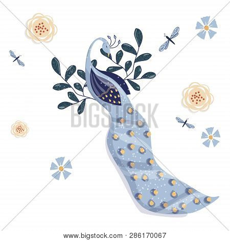 Peacock Ckip Art And Floral Indian Summer Set Vector Illustration On White Background
