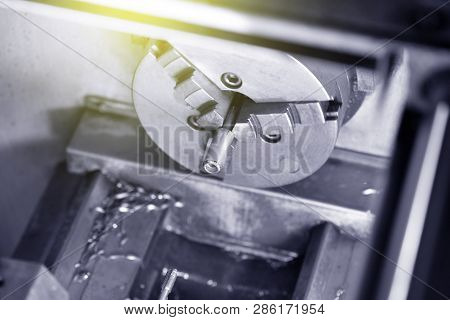 Spindle Chuck And Installed Metal Part On High Precision Cnc Industrial Lathe Turning Machine. Close