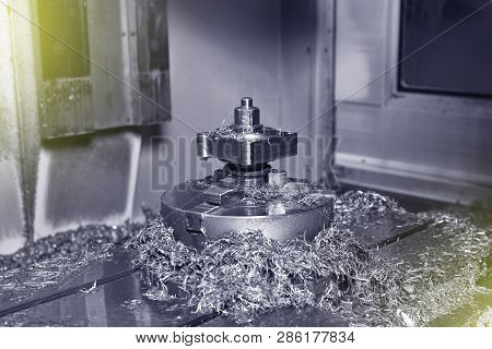 Spindle Chuck And Installed Metal Part On High Precision Cnc Industrial Lathe Turning Machine. Metal