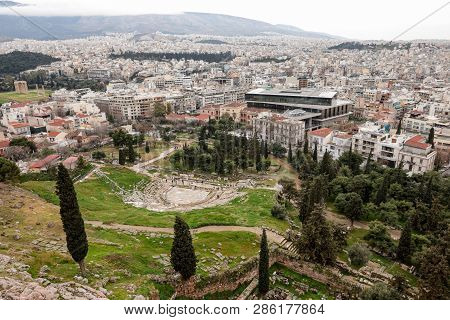 Athens, Greece - February 23, 2019: Panoramic View Of Theatre Of Dionysus And New Acropolis Museum O