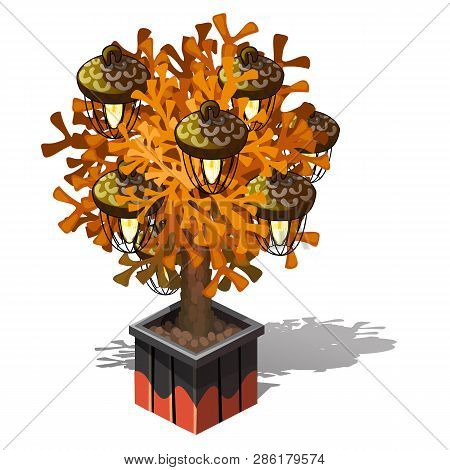 Decorative Lamp In The Form Of A Potted Tree With Plafonds In The Form Of Acorns Isolated On White B