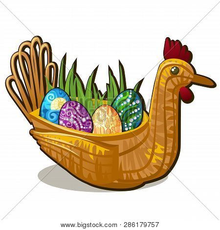Wicker Basket Form Of Chicken Bird With Set Of Colorful Eastern Eggs Inlaid With Precious Stones Iso