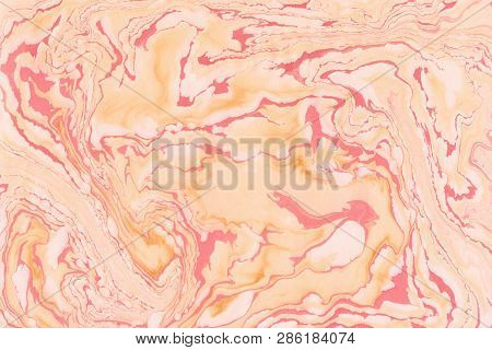 Suminagashi Marble Texture Hand Painted With Deep Orange Ink. Digital Paper 397 Performed In Traditi