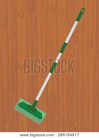 Mop With Flooring Rag, Light Metal Handle - Wooden Floor - Flat Style - Vector