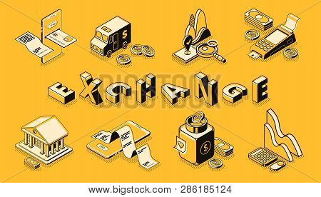 Stock And Money Exchange Line Art, Isometric Vector Banner. Digital Payments And Mobile Banking Tech