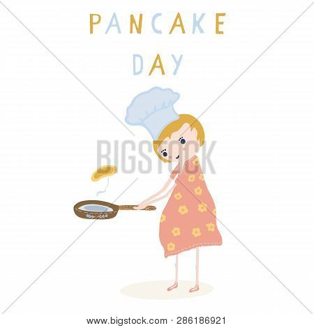 Cute Girl Cook With Pancake And Chef Hat Vector Illustration.