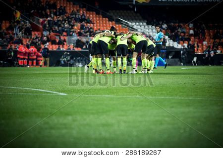 VALENCIA, SPAIN - FEBRUARY 21: Celtic players during UEFA Europa League match between Valencia CF and Celtic FC at Mestalla Stadium on February 21, 2019 in Valencia, Spain