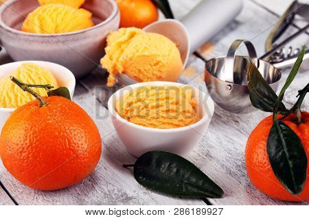Scoop Of Tangarine Orange Ice Cream. Delicious Icecream Set