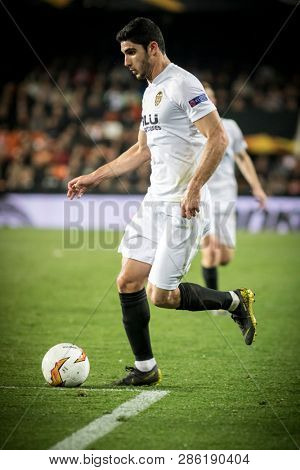 VALENCIA, SPAIN - FEBRUARY 21: Guedes during UEFA Europa League match between Valencia CF and Celtic FC at Mestalla Stadium on February 21, 2019 in Valencia, Spain