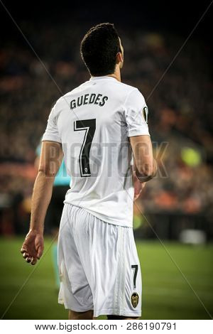 VALENCIA, SPAIN - FEBRUARY 21: Guedes during UEFA Europa League match between Valencia CF and Celtic FC at Mestalla Stadium on February 21, 2019 in Valencia, Spain