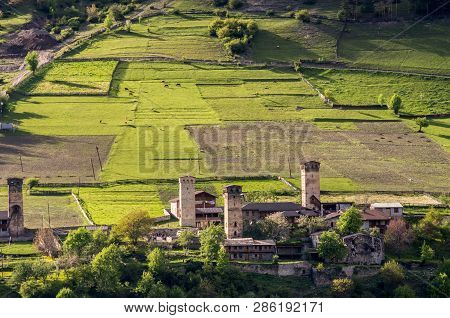 A Typical Country Landscape In Svaneti With Typical Svanetian Towers. Georgia.