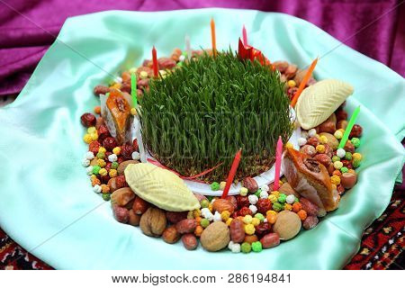 Novruz Concept Plate Of Traditional Azerbaijan Pastries Packlava And Shekerbura In Copper Vintage Tr