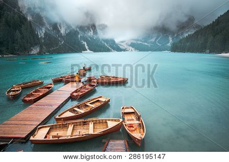 Amazing View Of Lago Di Braies Braies Lake, Pragser Wildsee In Clouds And Rain. Trentino Alto Adidge