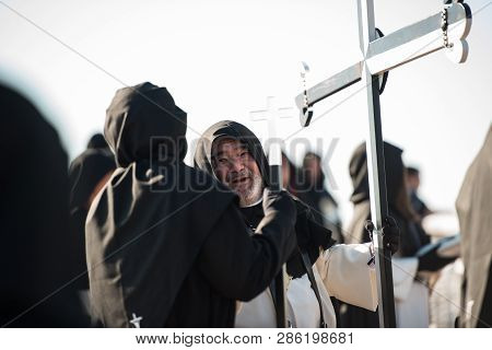 Caceres, Extremadura, Spain - April 08, 2017: The Dominican Brotherhood Of The Holy Christ Of The Vi