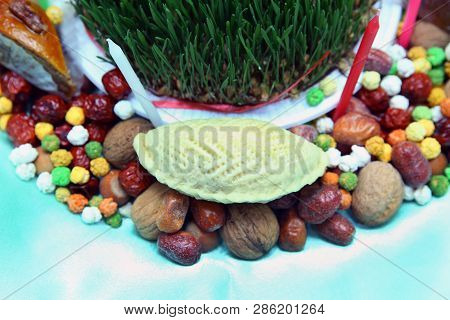 Traditional Azerbaijan Sweet Pastry Shekerbura. Navruz Nowruz Holiday, The Spring New Year Holiday. 
