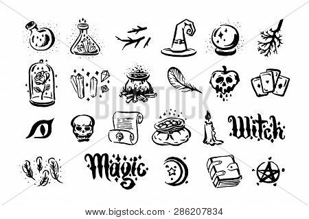 Vector Hand Drawn Illustration Of Witch And Magic Item Illustration On White Background.