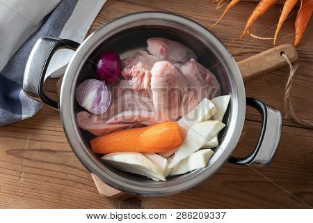 Chicken And Fresh Vegetables - Ingredients For Preparing Bone Broth In A Pot