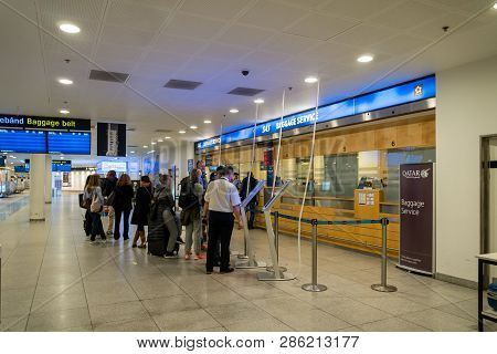 February 18, 2019. Kastrup Airport In Denmark, Copenhagen. Theme Transport And Architecture. Evening