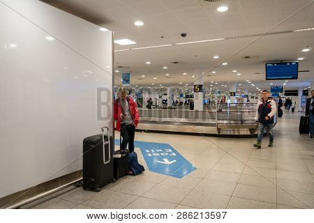 February 18, 2019. Kastrup Airport In Denmark, Copenhagen. Theme Transport And Architecture. Evening