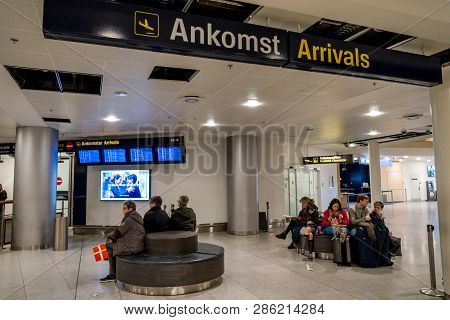 February 18, 2019. Kastrup Airport In Denmark, Copenhagen. Theme Transport And Architecture. Evening
