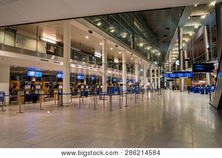 February 18, 2019. Kastrup Airport In Denmark, Copenhagen. Theme Transport And Architecture. Evening