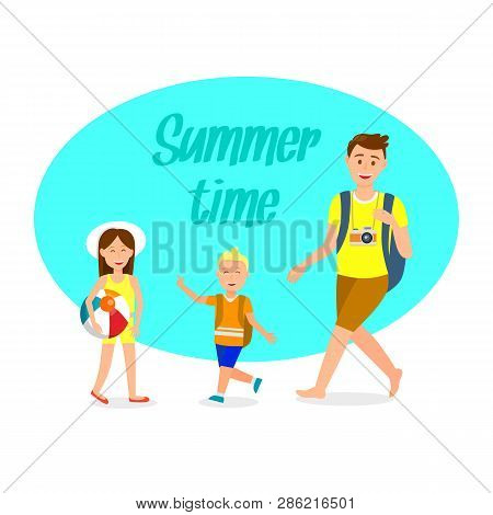 Holidaymakers Flat Travel Postcard With Lettering. Summer Time Text. Camping, Recreation Vector Clip