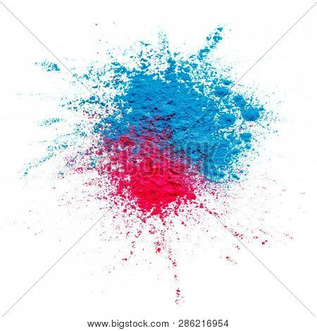 Abstract colorful Happy Holi background. Color vibrant powder isolated on white. Dust colored splash texture. Flat lay holi paint decoration