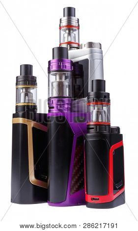 Vaping device e-cigarette electronic cigarette, vape isolated on the white background. Electronic nicotine vaporizer. Modern atomizer tank mod electric cartomizer