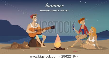 Summer Camp On The Beach. Touris At The Campfire