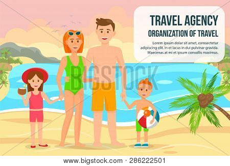 Family On Summer Vacation Flat Horizontal Banner. Travel Agency Poster Template With Text Space. Par