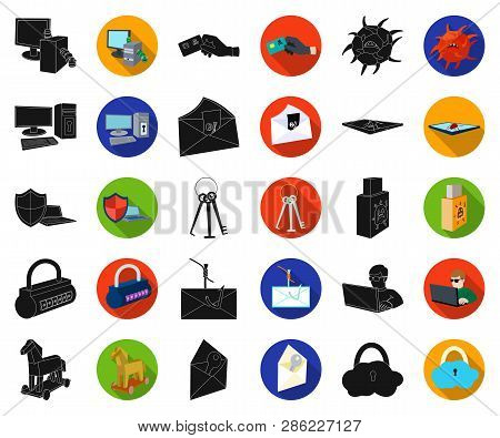 Hacker And Hacking Black, Flat Icons In Set Collection For Design. Hacker And Equipment Vector Symbo