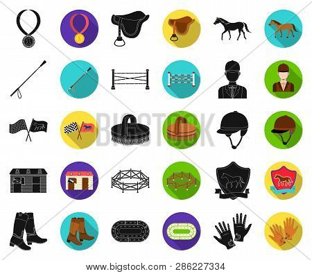 Hippodrome And Horse Black, Flat Icons In Set Collection For Design. Horse Racing And Equipment Vect