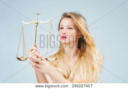 Beautiful Woman With Scales. Femida. Libra Zodiac Sign