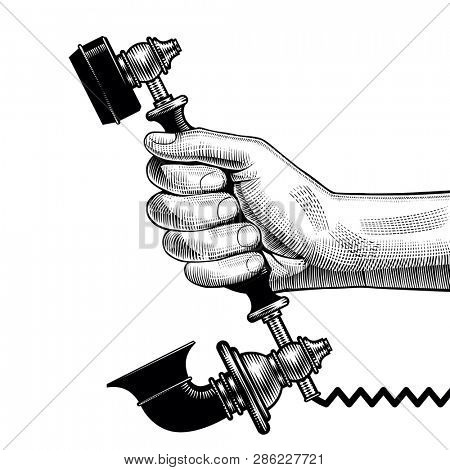 Man's hand of man with a receiver of retro black phone. Vintage engraving stylized drawing