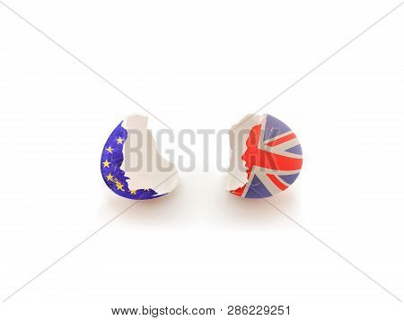 Cracked Egg: The Uk Exit From The European Union. The Flag Of Britain And The Eu. Egg Shell. Brexit 