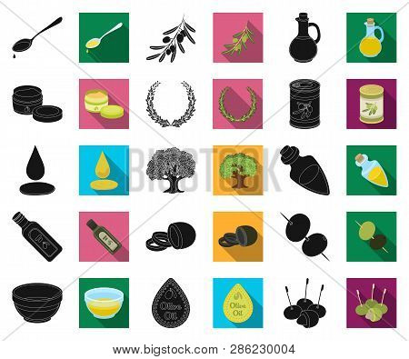 Olive, Food Black, Flat Icons In Set Collection For Design. Olive Oil, Seasoning Vector Symbol Stock