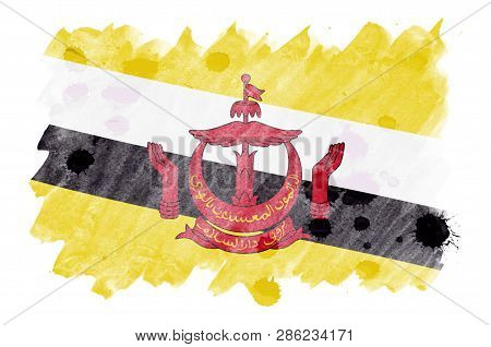 Brunei Darussalam Flag  Is Depicted In Liquid Watercolor Style Isolated On White Background