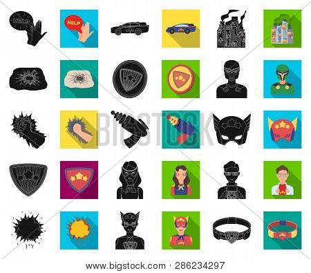 A Fantastic Superhero Black, Flat Icons In Set Collection For Design. Superheros Equipment Vector Sy
