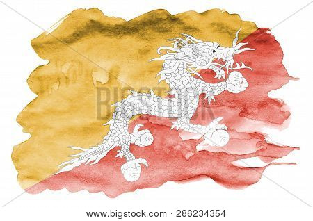 Bhutan Flag  Is Depicted In Liquid Watercolor Style Isolated On White Background