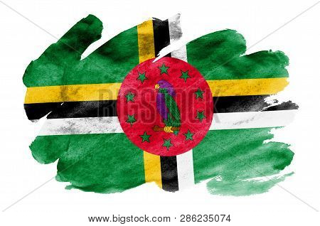 Dominica Flag  Is Depicted In Liquid Watercolor Style Isolated On White Background