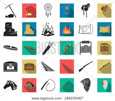 Attributes Of The Wild West Black, Flat Icons In Set Collection For Design.texas And America Vector 